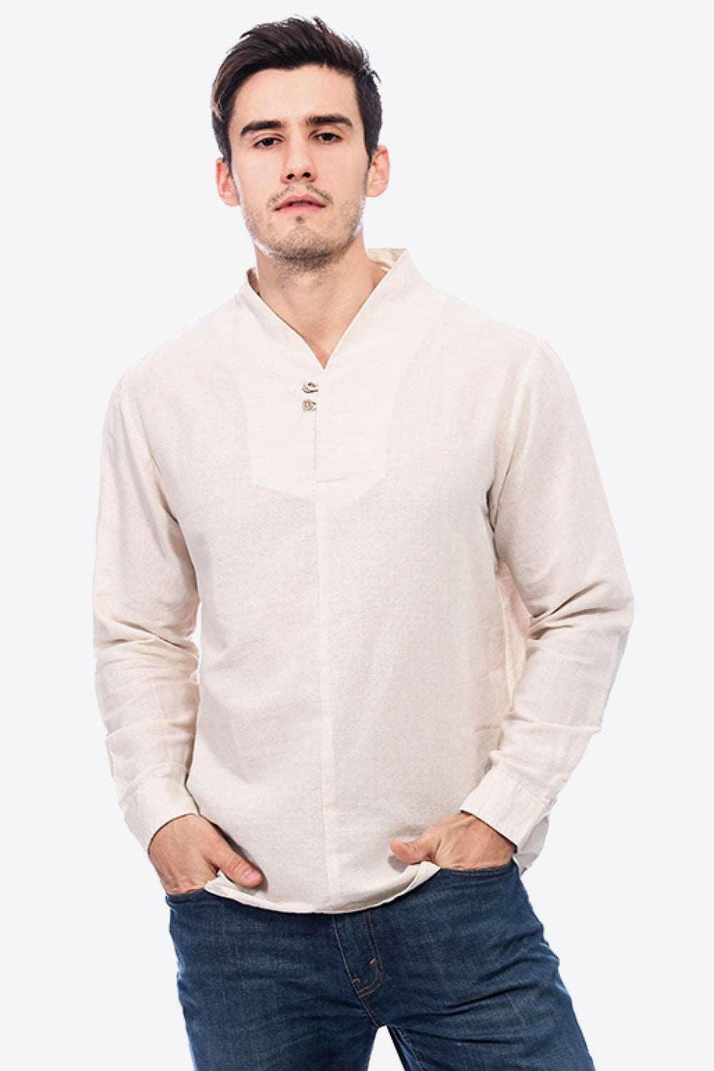 Buttoned V-Neck Long Sleeve Linen Tee 