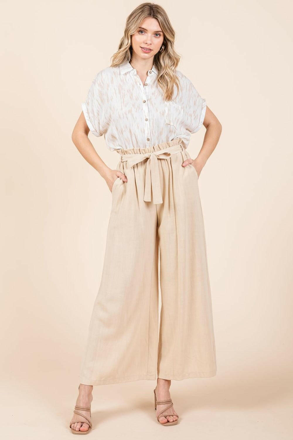 High Waist Tie Front Wide Leg Pants