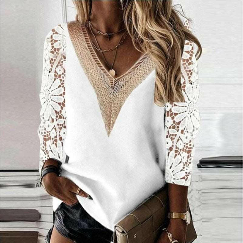 Elegant Long Sleeve Lace Cotton Blouse 