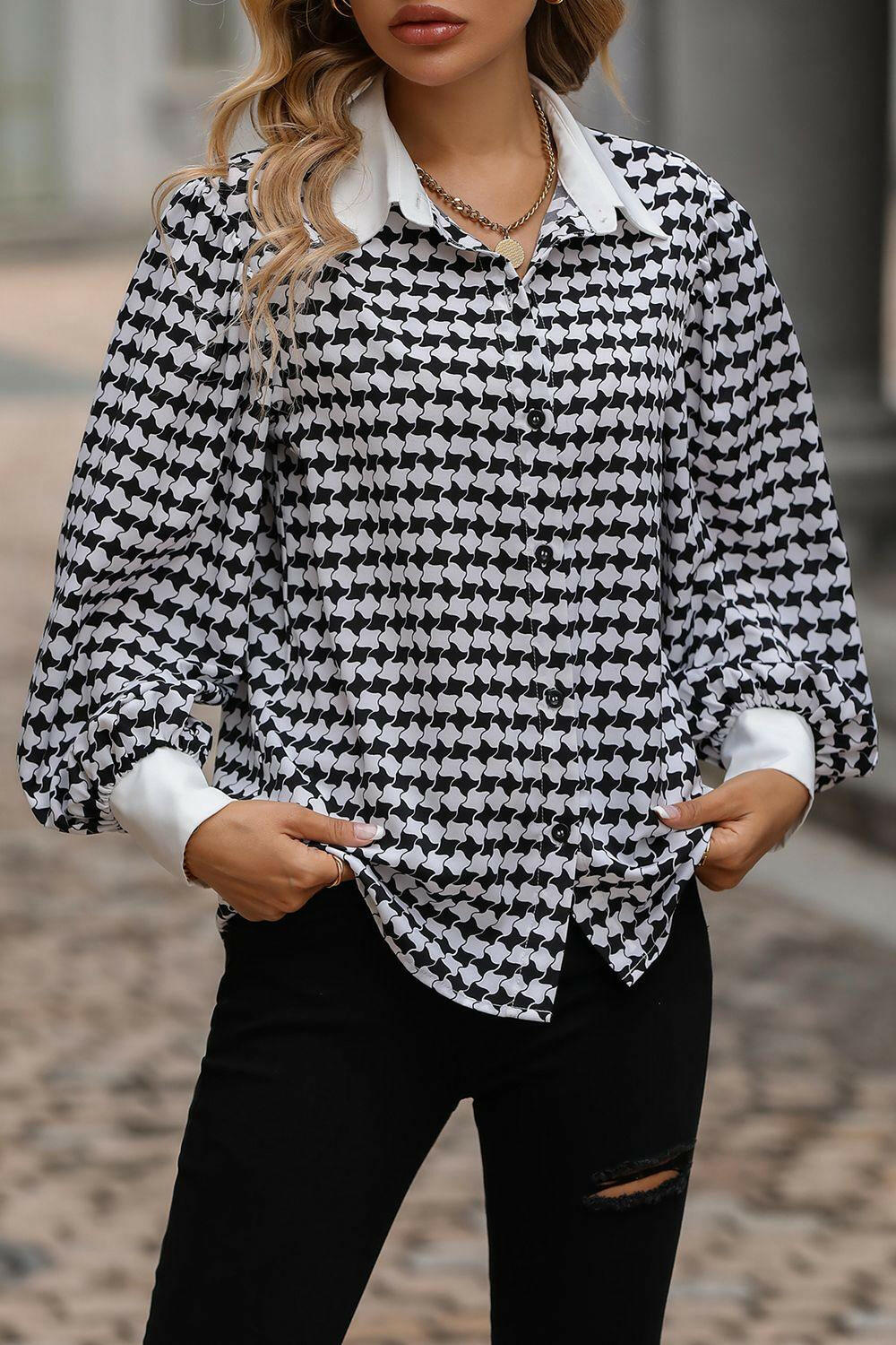 Houndstooth Print Lapel Neck Shirt | On sale | 95% polyester