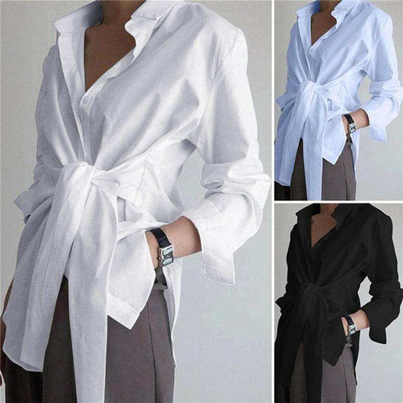 Long Sleeve Lapel Front Tie Shirt 