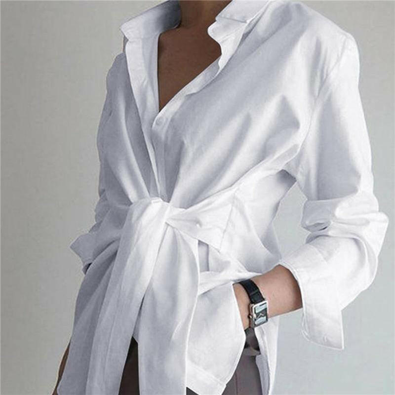 Long Sleeve Lapel Front Tie Shirt 