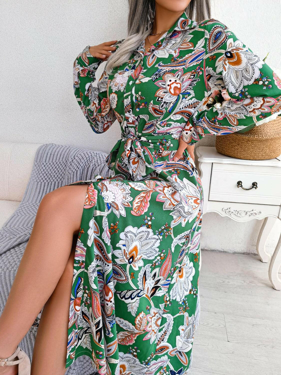 Tied Printed Long Sleeve Midi Dress for Effortless Elegance