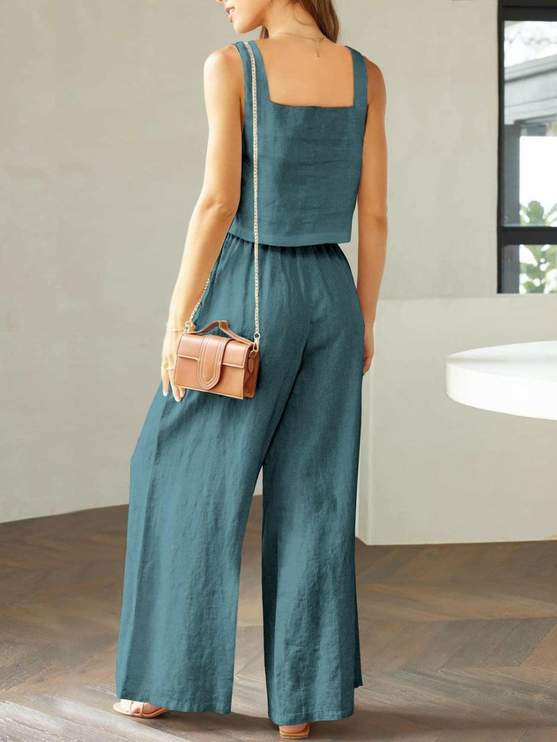 Square Neck Top and Wide Leg Pants Set for Timeless Elegance