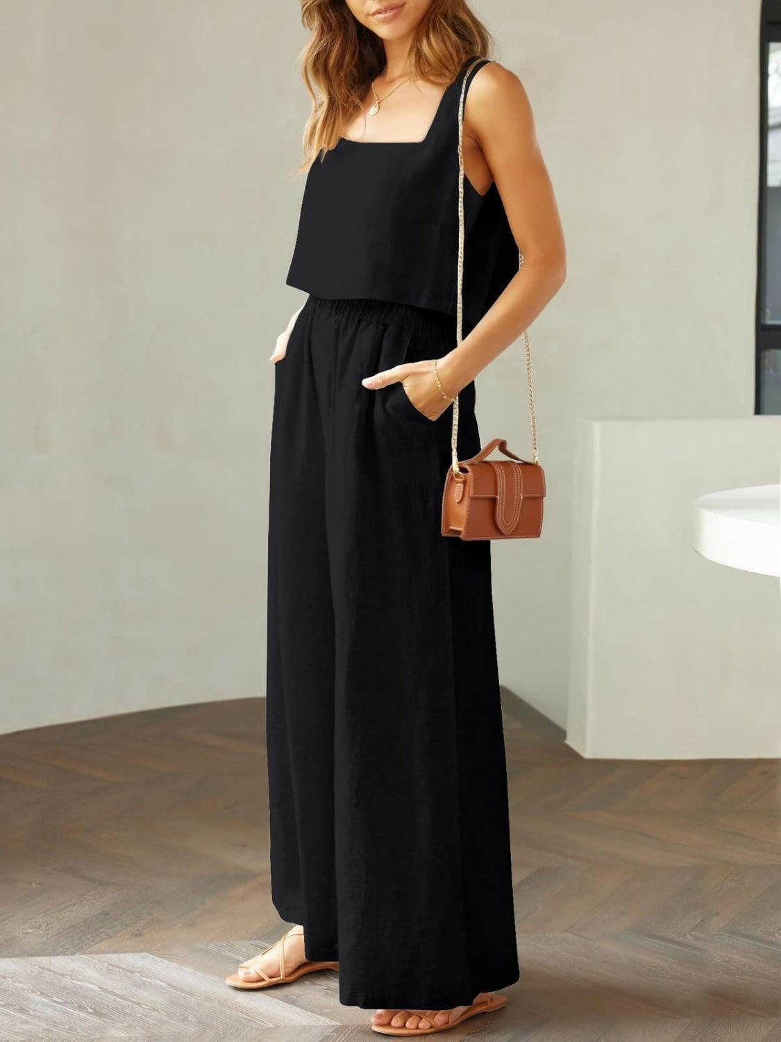 Square Neck Top and Wide Leg Pants Set for Timeless Elegance