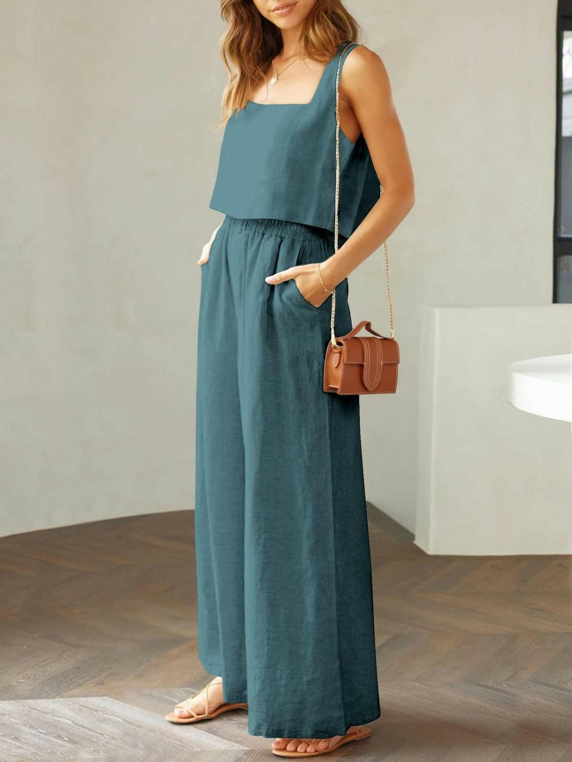 Square Neck Top and Wide Leg Pants Set for Timeless Elegance