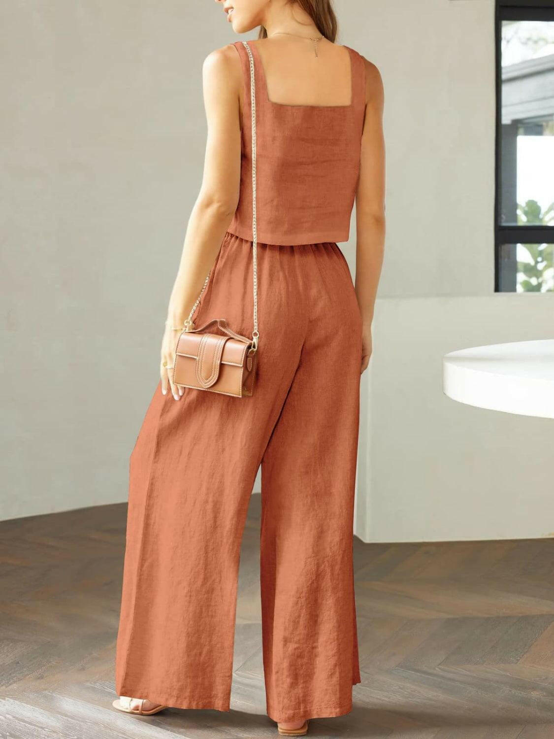 Square Neck Top and Wide Leg Pants Set for Timeless Elegance