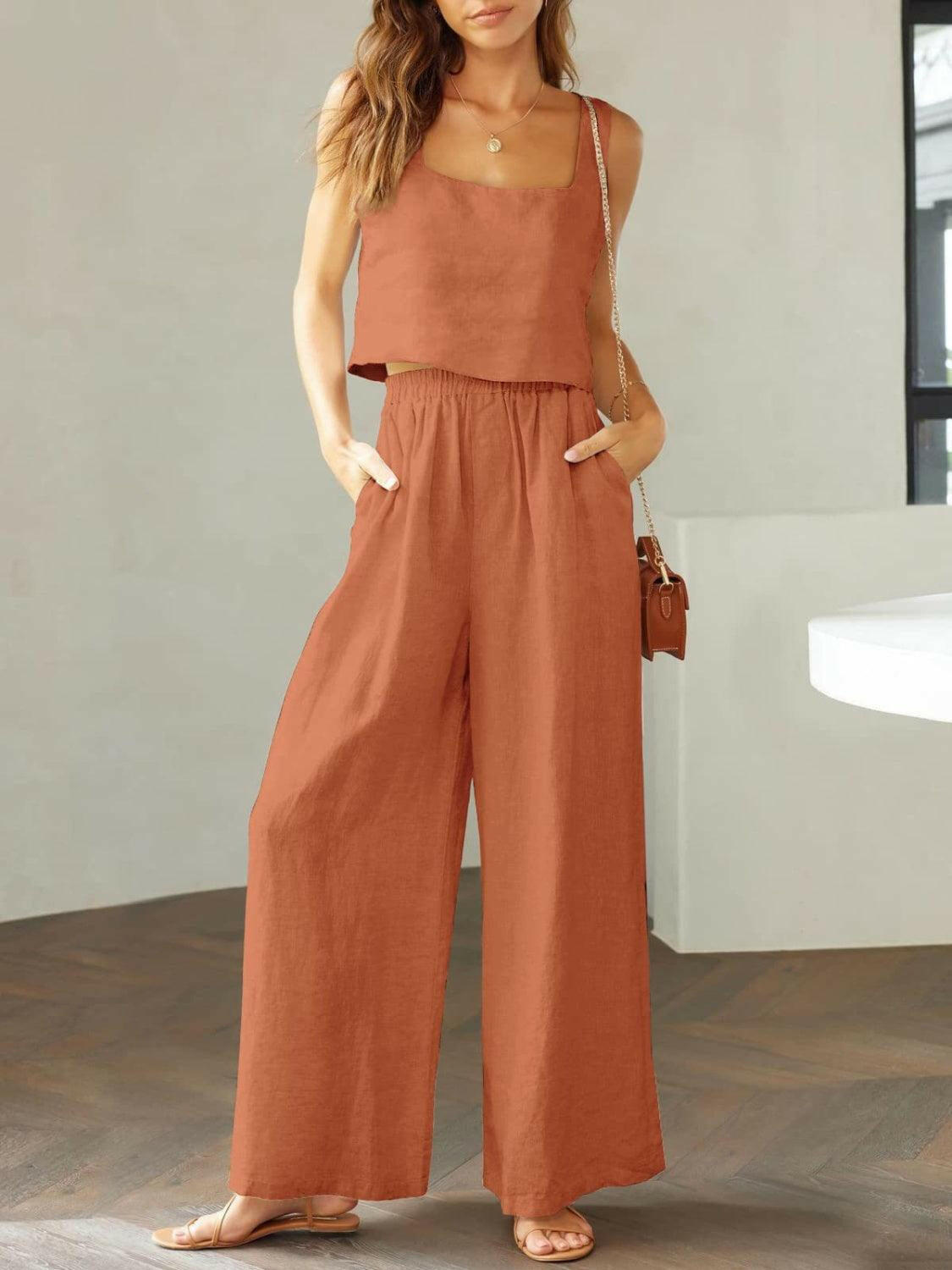 Square Neck Top and Wide Leg Pants Set for Timeless Elegance