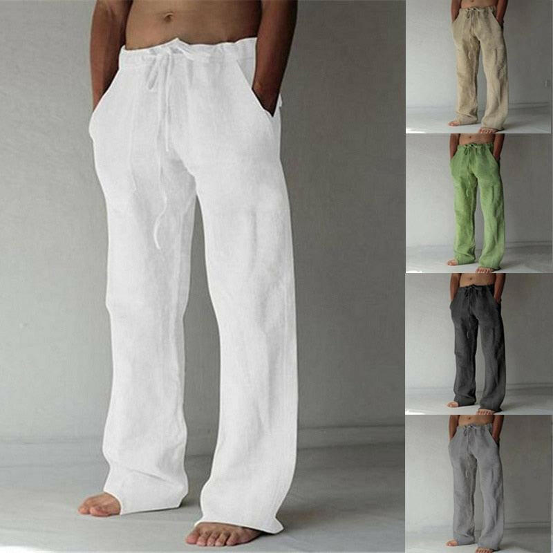 Casual Men&#39;s Cotton Linen Pants Fashion Solid Pocket Drawstring Baggy Trousers Comfort Loose Wide Leg Pant Streetwear Sweatpants 