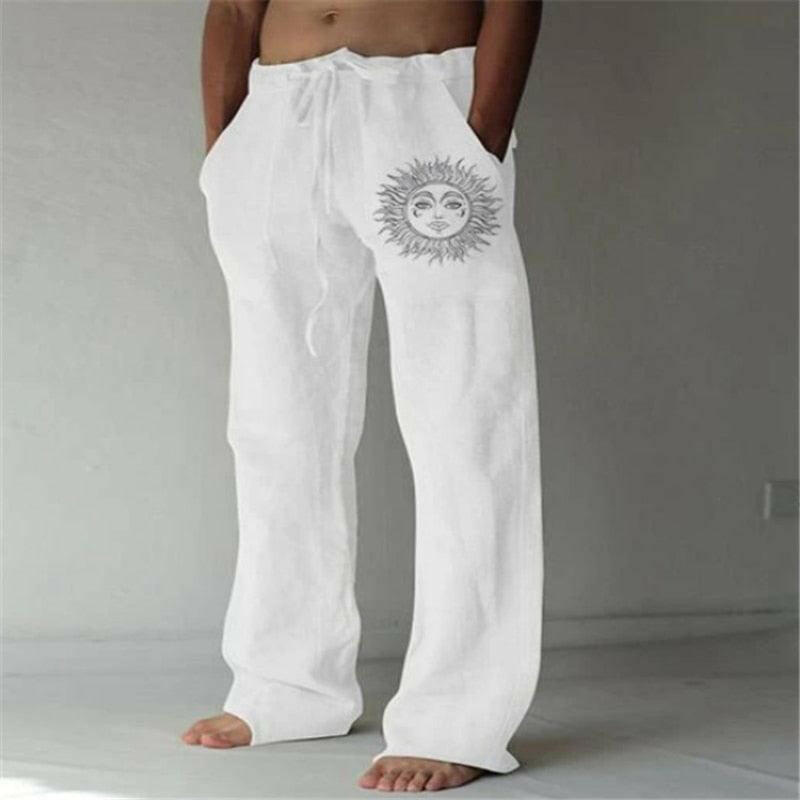 Casual Men&#39;s Cotton Linen Pants Fashion Solid Pocket Drawstring Baggy Trousers Comfort Loose Wide Leg Pant Streetwear Sweatpants 