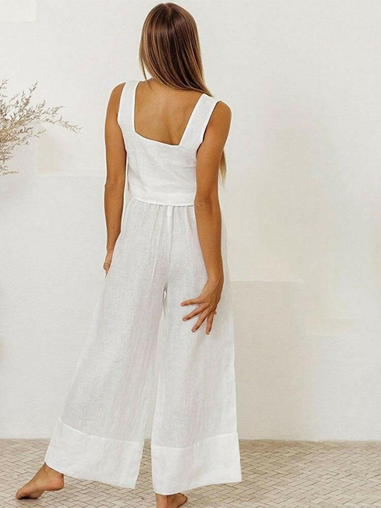 Cotton Linen Sleeveless Women Pants Suit 