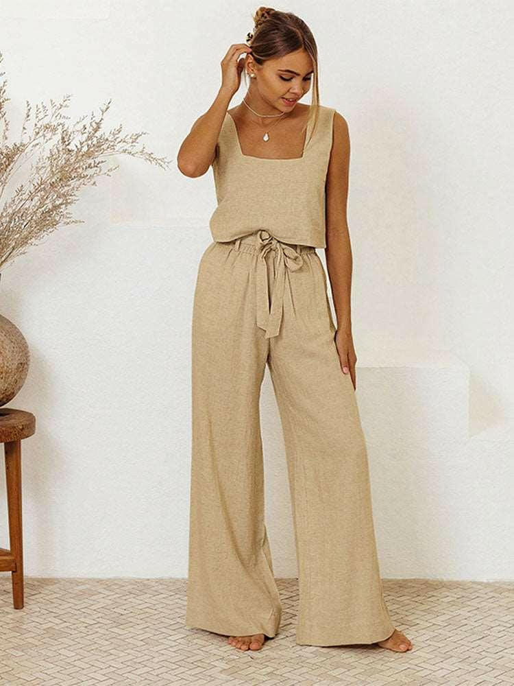 Cotton Linen Sleeveless Women Pants Suit 