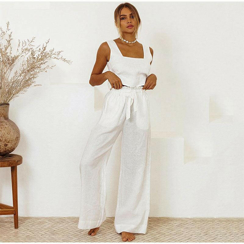 Cotton Linen Sleeveless Women Pants Suit 