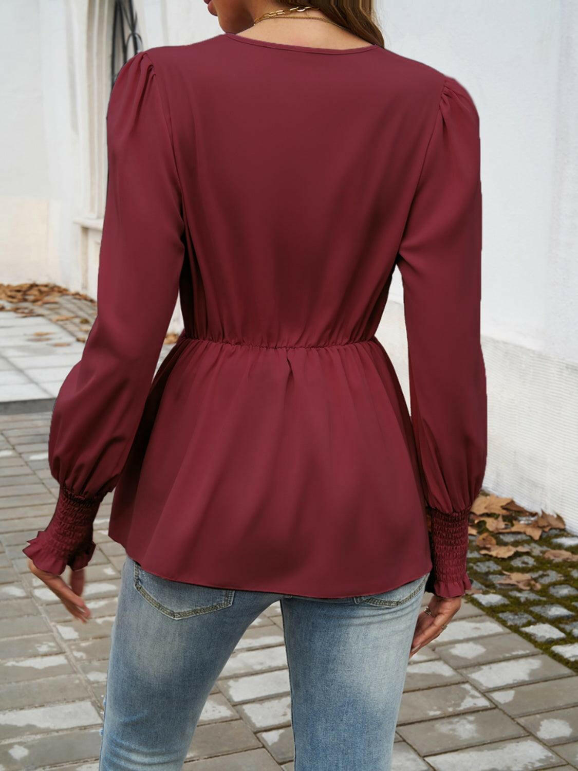 Smocked Surplice Long Sleeve Blouse for Elegance