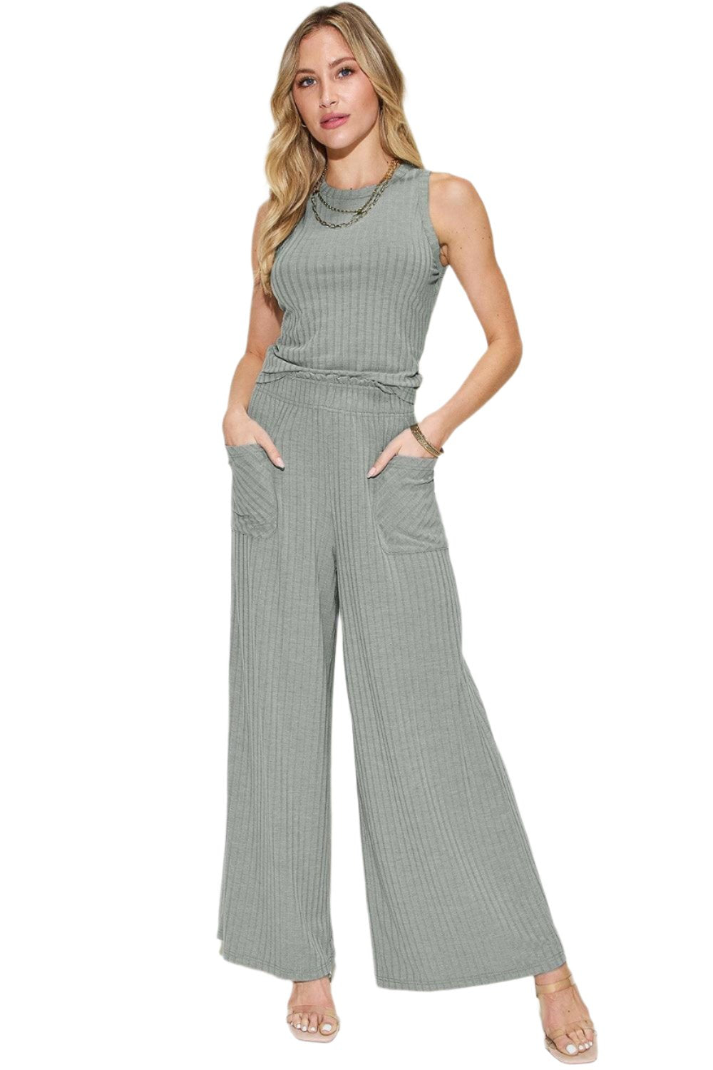 Full Size Ribbed Tank and Wide Leg Pants Set