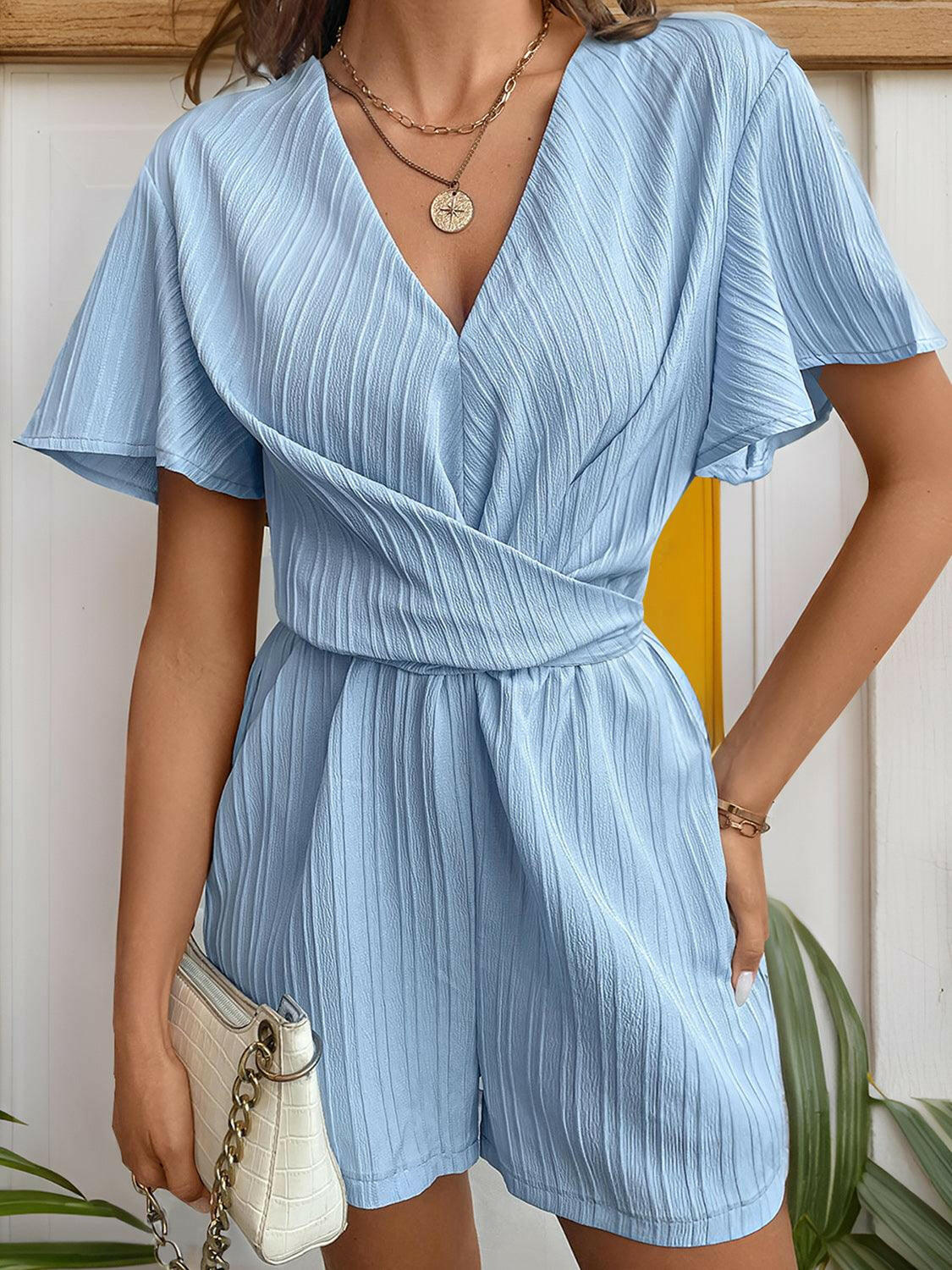 Genuine Polyester V-Neck Romper with Tie Detail