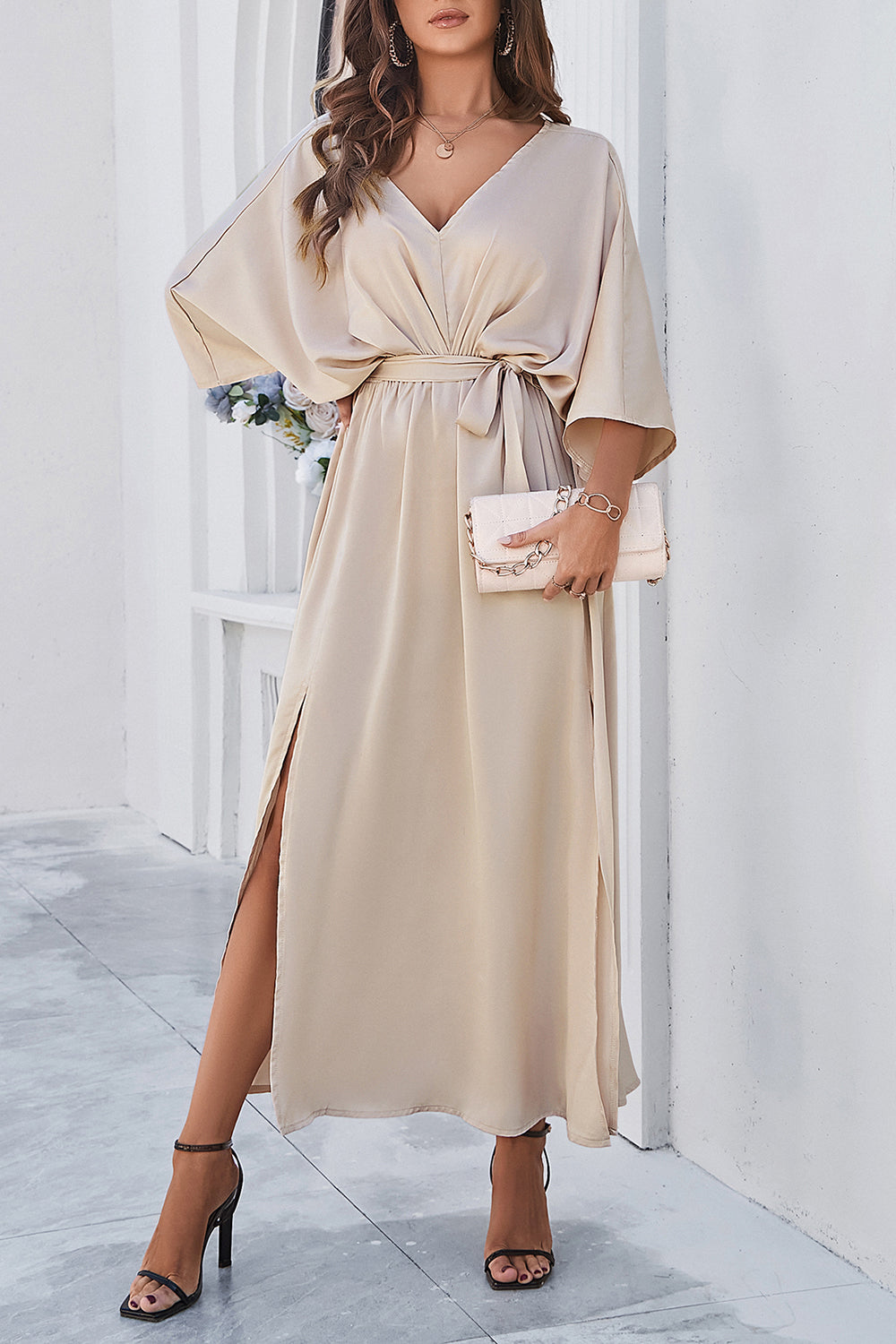 V-Neck Three-Quarter Sleeve Dress with Stylish Side Slit