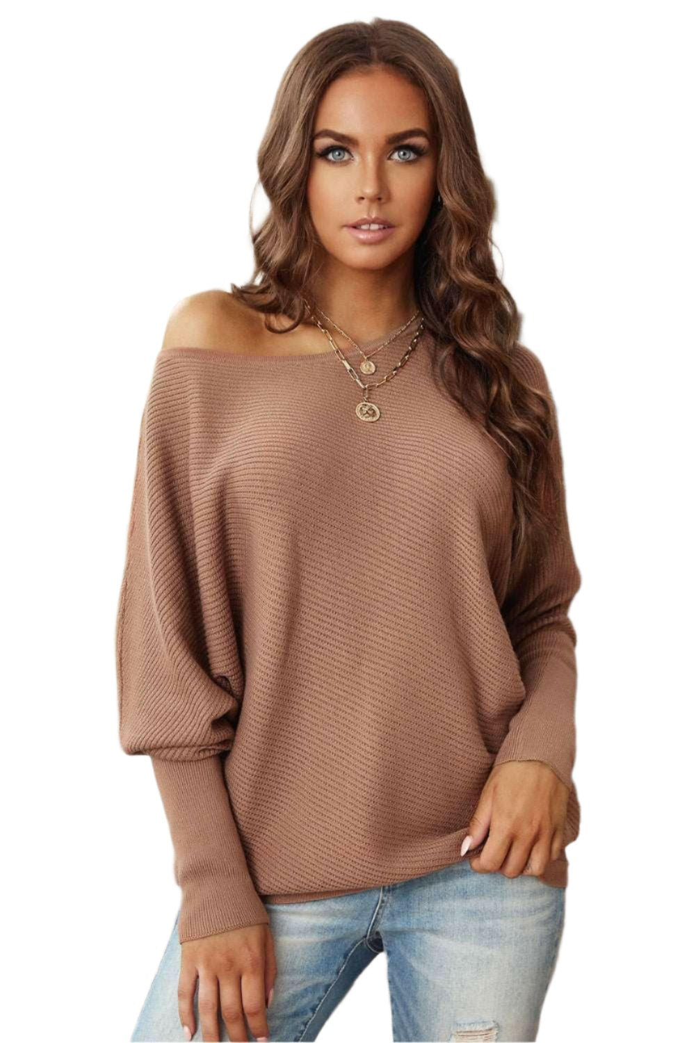 Boat Neck Flare Sleeve Knit Pullover 