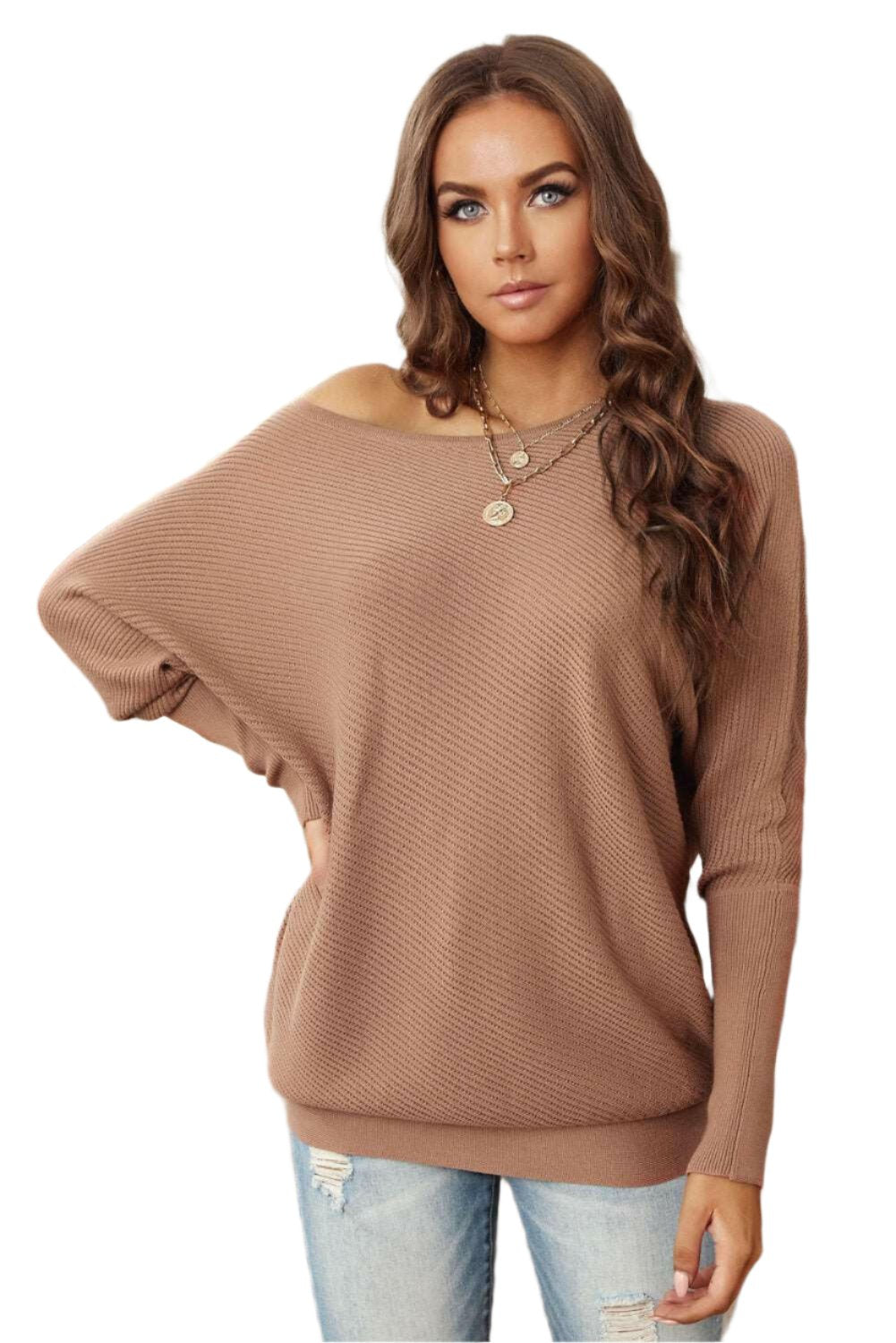 Boat Neck Flare Sleeve Knit Pullover 