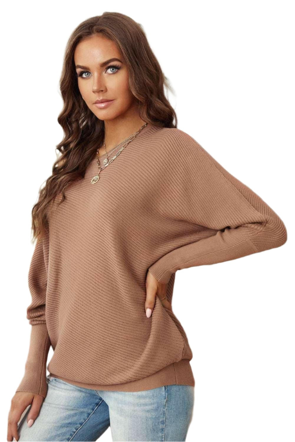 Boat Neck Flare Sleeve Knit Pullover 