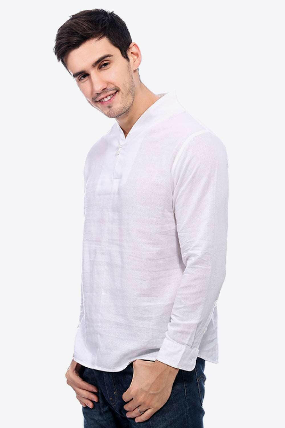 Buttoned V-Neck Long Sleeve Linen Tee 