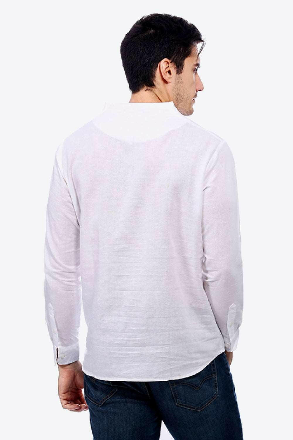 Buttoned V-Neck Long Sleeve Linen Tee 