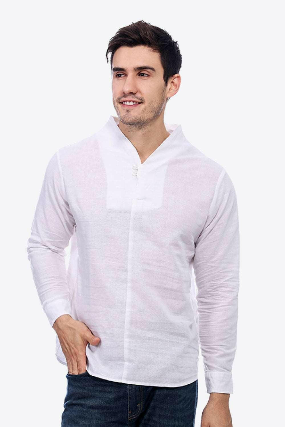 Buttoned V-Neck Long Sleeve Linen Tee 