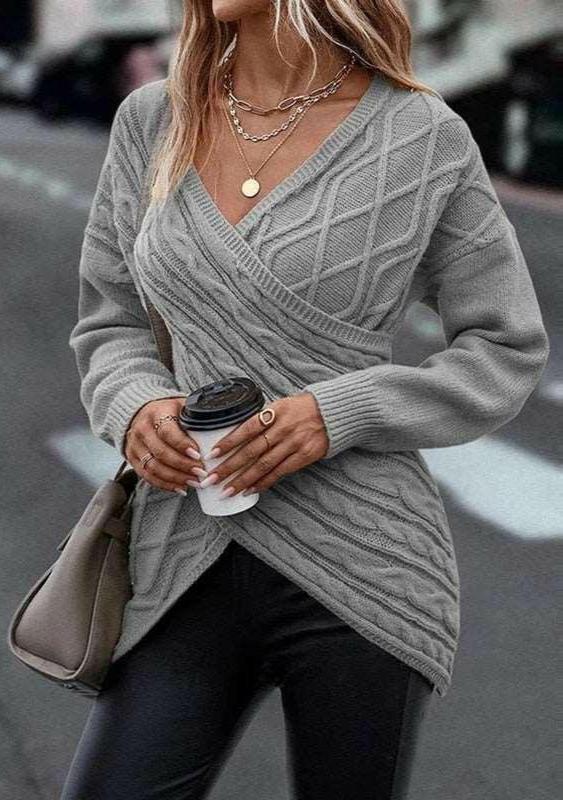 Criss-Cross V Neck Long Sleeve Slim Sweater