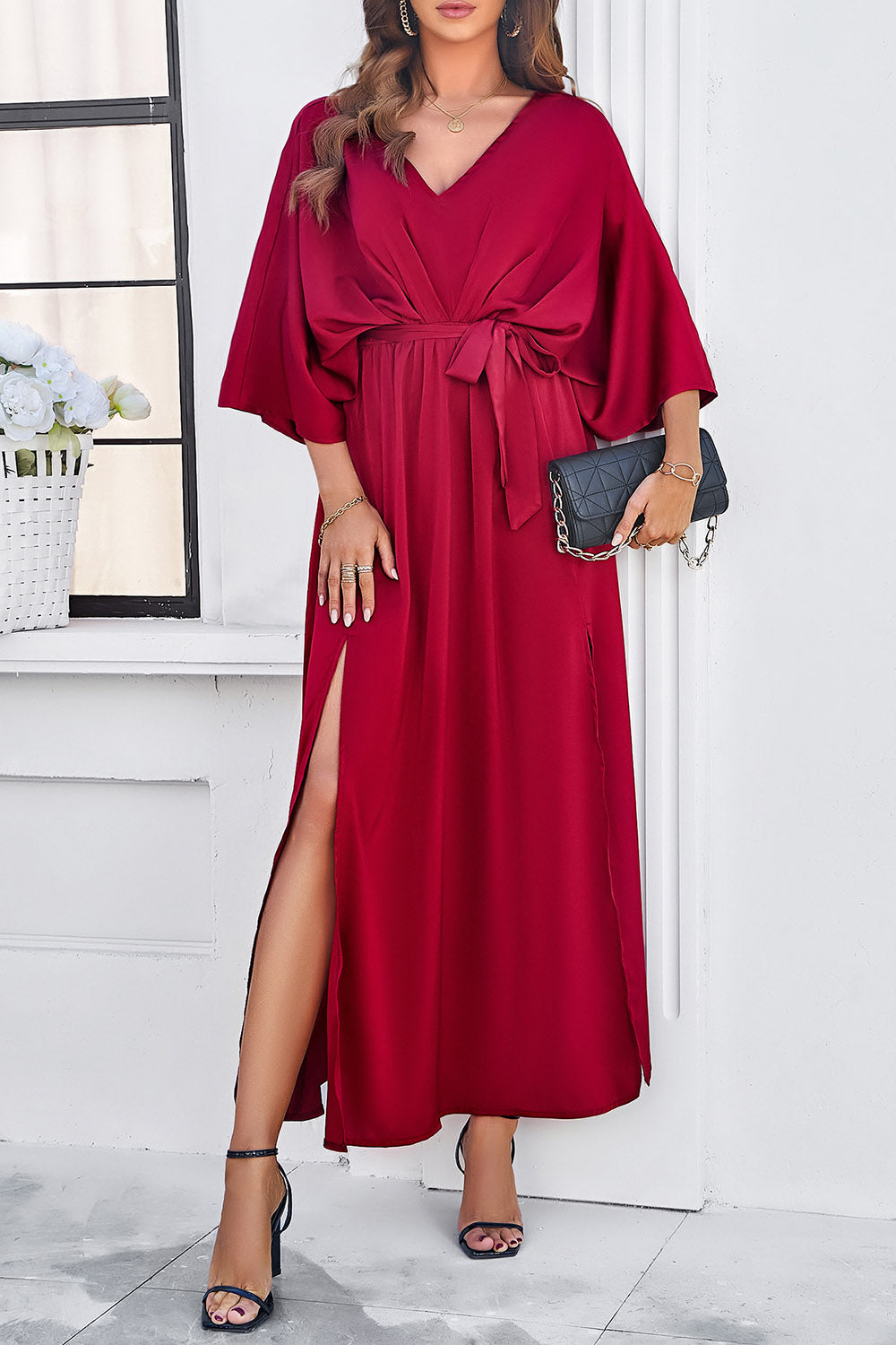 V-Neck Three-Quarter Sleeve Dress with Stylish Side Slit