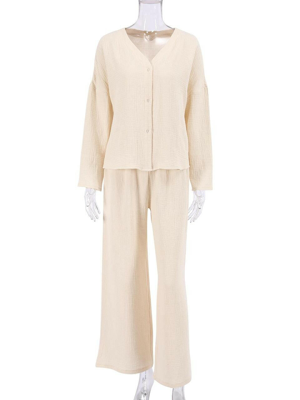 Khaki Cotton Wide Leg Pants Set 