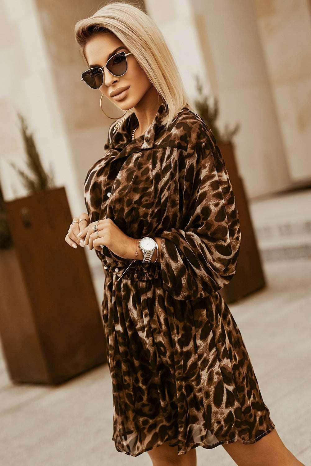 Leopard Buttoned Balloon Sleeve Dress 