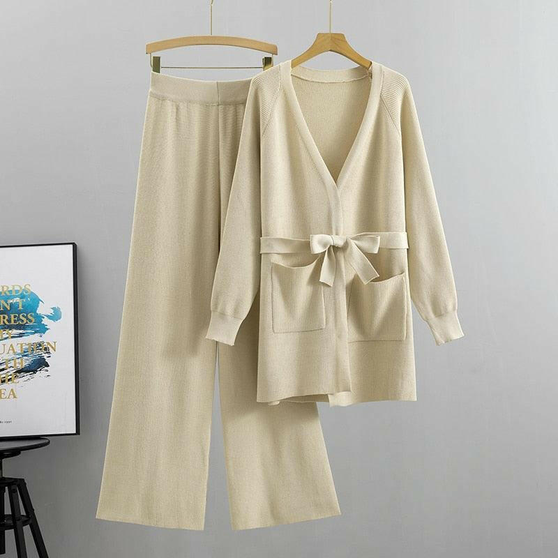 Women’s Knitted Long Sleeve Sweater And Wide Leg Pants Set |